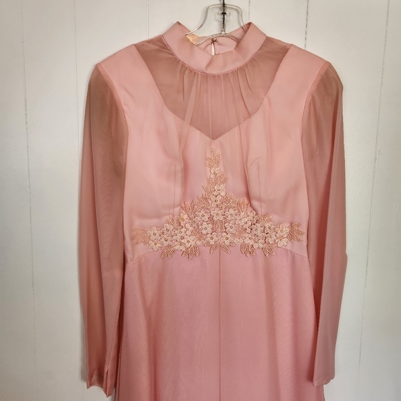Vintage Pink Floral Mod Party Dress Taffeta Formal Gown High Neck 60s Small - Picture 2 of 14